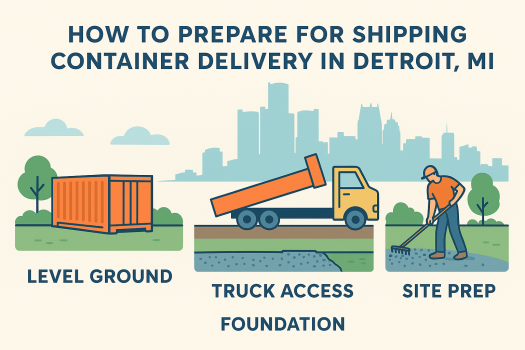 container being delivered by tilt-bed truck in Detroit neighborhood